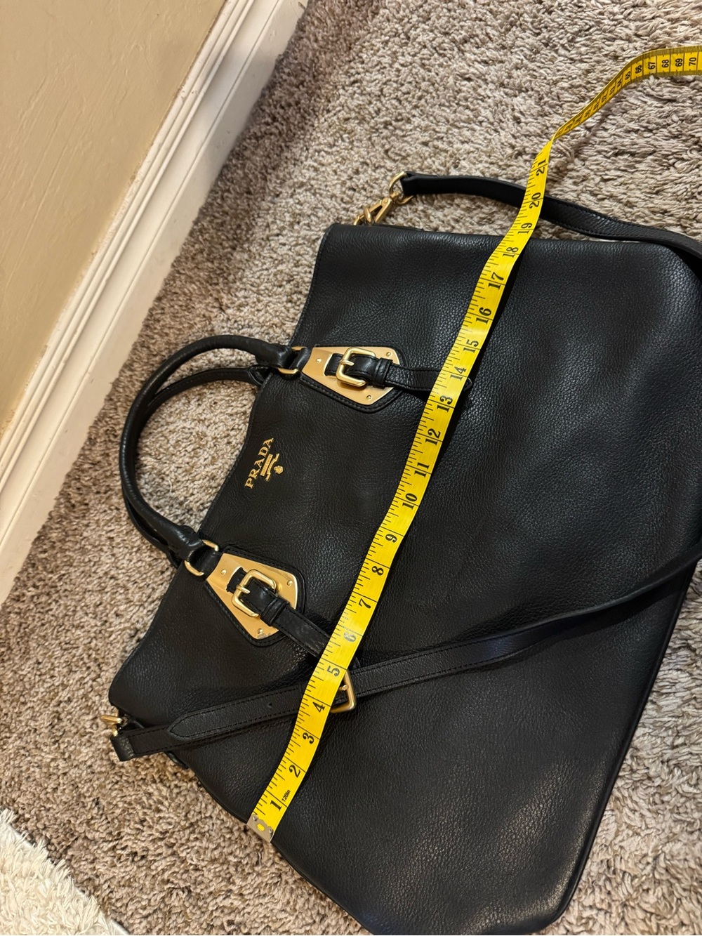 Prada Black Leather Tote with Gold-Tone Buckle Accents - Picture 5 of 12